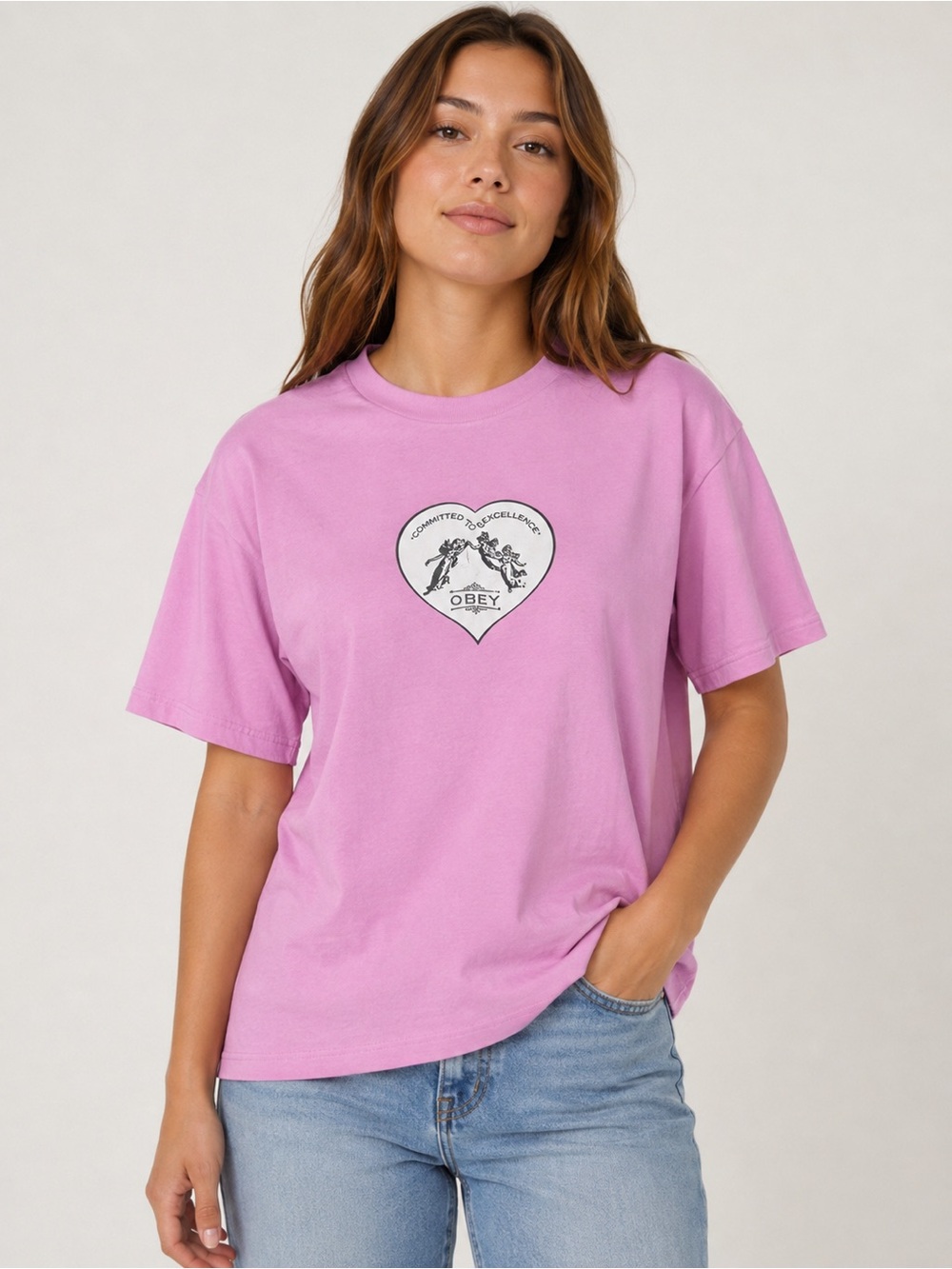 Obey Committed to Excellence Pink Heart Graphic T Shirt Large Streetwear Tee